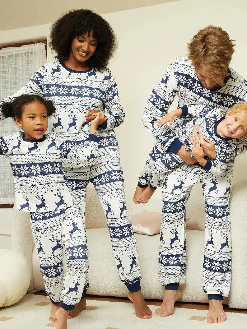 Family Christmas Pajamas set – Blue and White Reindeer Daily Delight