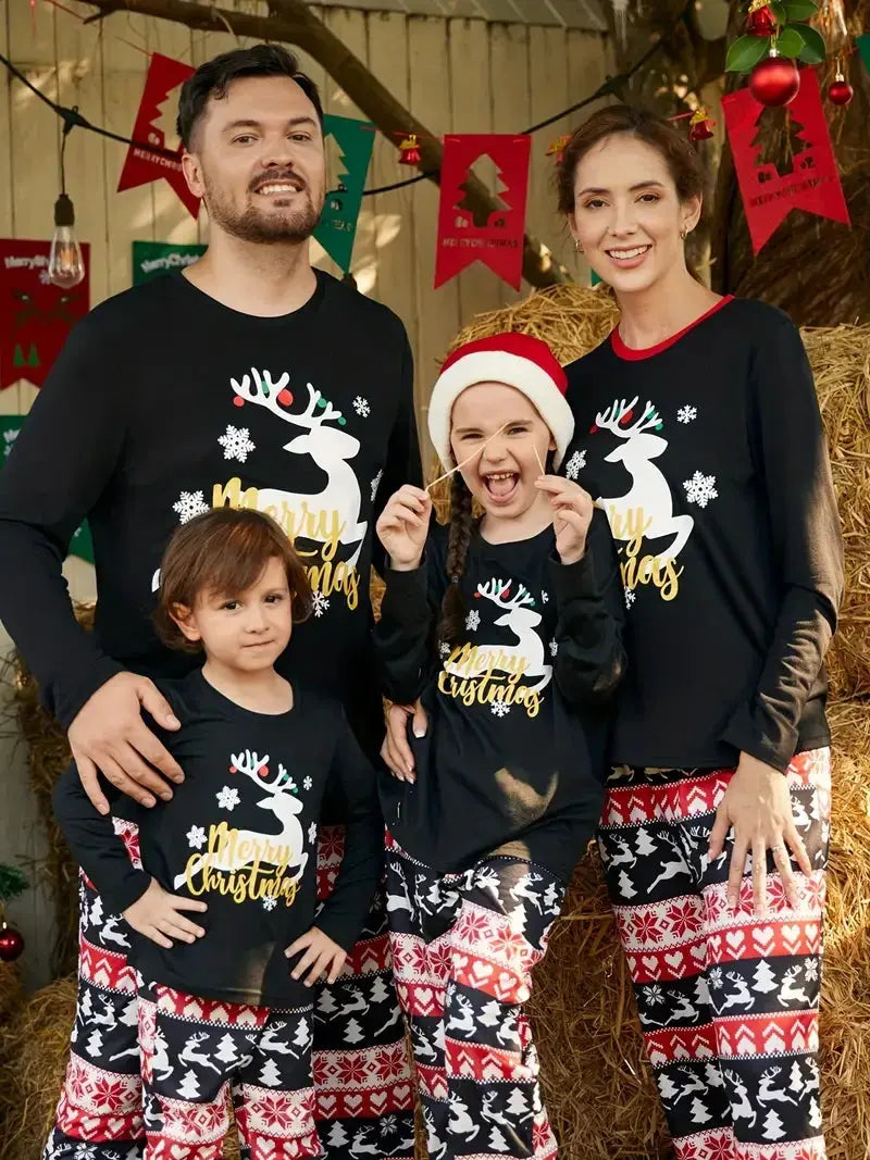 Family Christmas Pajamas set – Black and Red with Reindeer Pattern Daily Delight