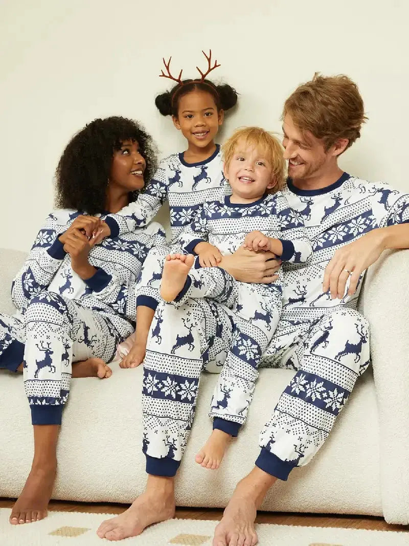 Family Christmas Pajamas set – Blue and White Reindeer Daily Delight